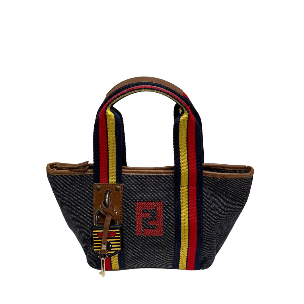 Handbag in denim with multicolored strap